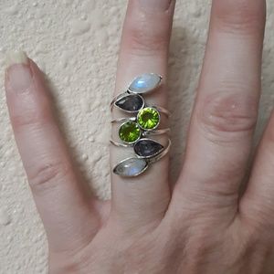New Rainbow Moonstone, Mystic Topaz, & Peridot Silver Ring.